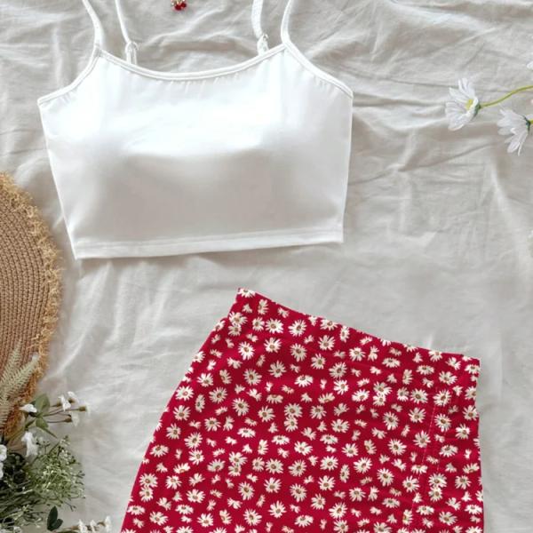 مجموعة من فوطة برباط بنقشات أزهار وتنورة قصيرة متقطعة للسيدات للأجازات والإجازات بتصميم عارضة